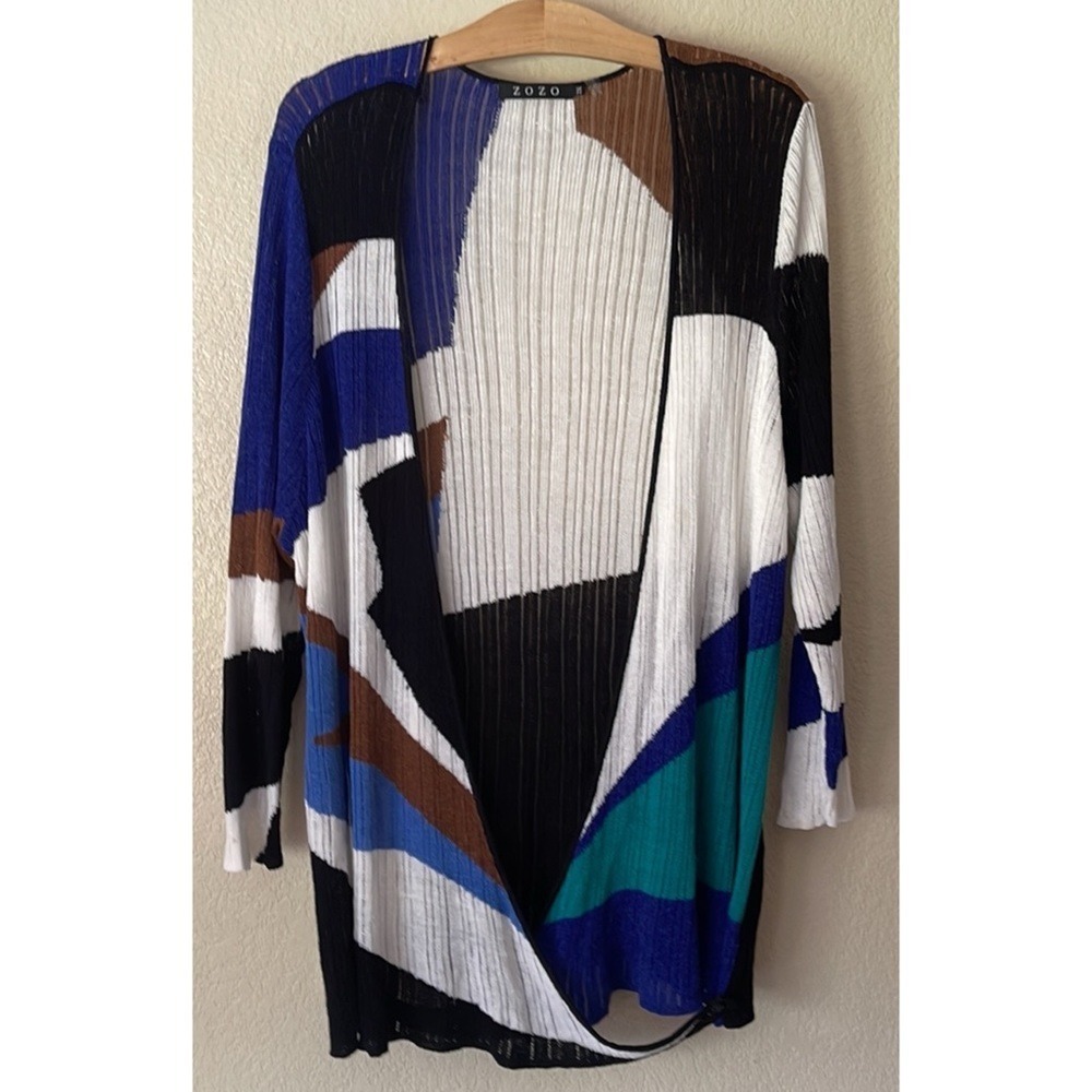 ZOZO Abstract Geometric Open Front Cardigan Blue White Black plus size 2X XXL